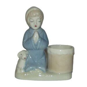 Figurine Kneeling Child in Prayer Lamb Vintage Ceramic Votive Candle Holder Blue